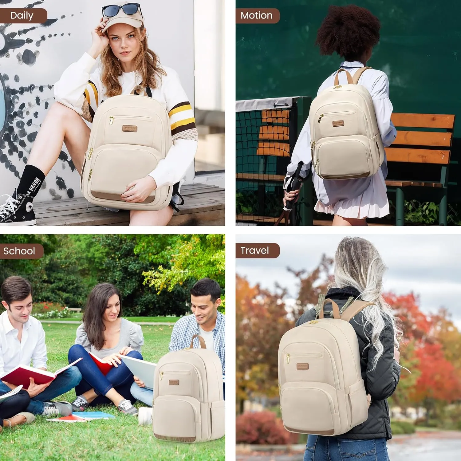 LOVEVOOK Travel Laptop Backpack for Women, Waterproof Work Backpack Fits 15.6 Inch Laptop, Large Computer Backpack for College, Beige