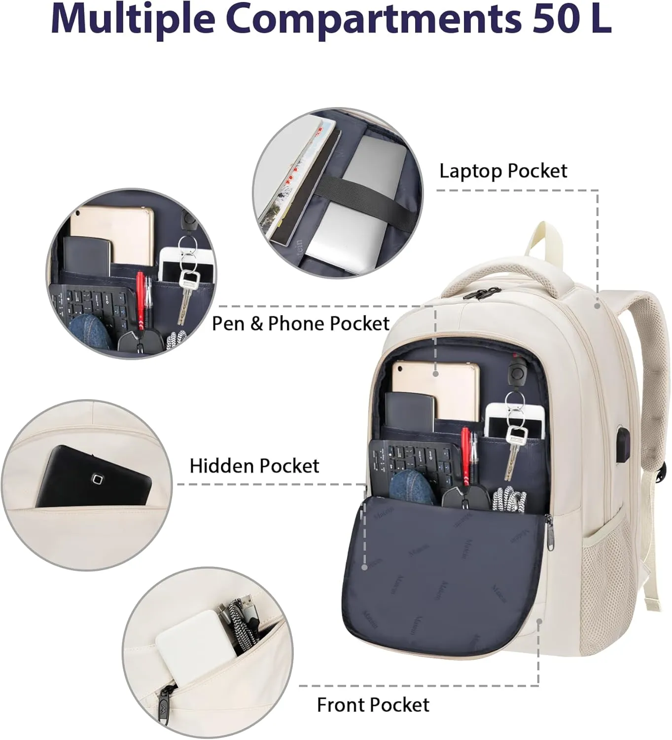 MATEIN Extra Large Travel Backpack for Women, 18 Inch TSA College Backpack with Multiple Pockets and USB Charging Port, 50 L Business Work Carry On Computer Bags, Cream Beige