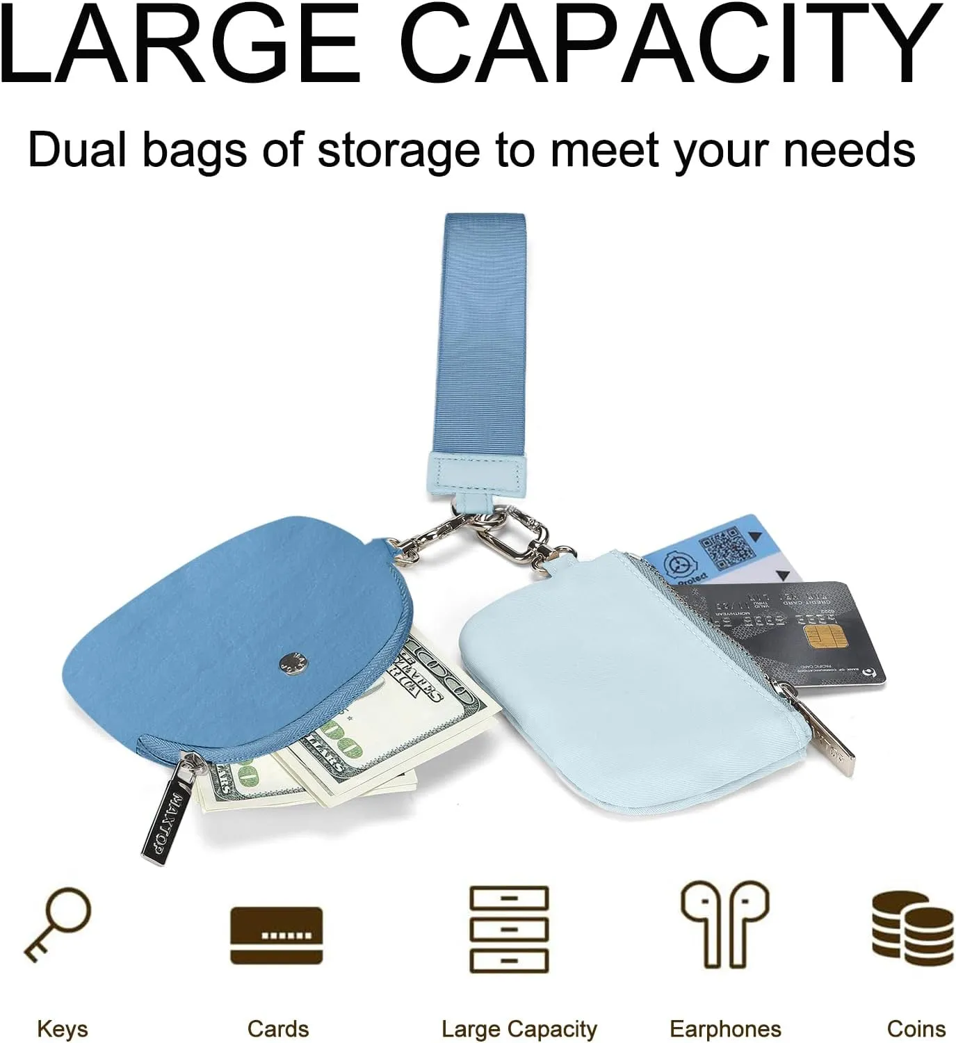 MAXTOP Mini Zip Around Blue Wristlet keychain Wallet for Women Dual Pouch Coin Purse Gifts for Women Ladies Female