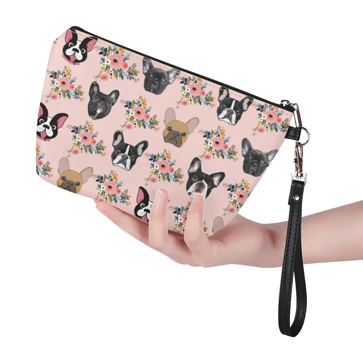 Mumeson Boston Bulldog and Flower Print Women Leather Trapezoid Toiletry Bag,Pink