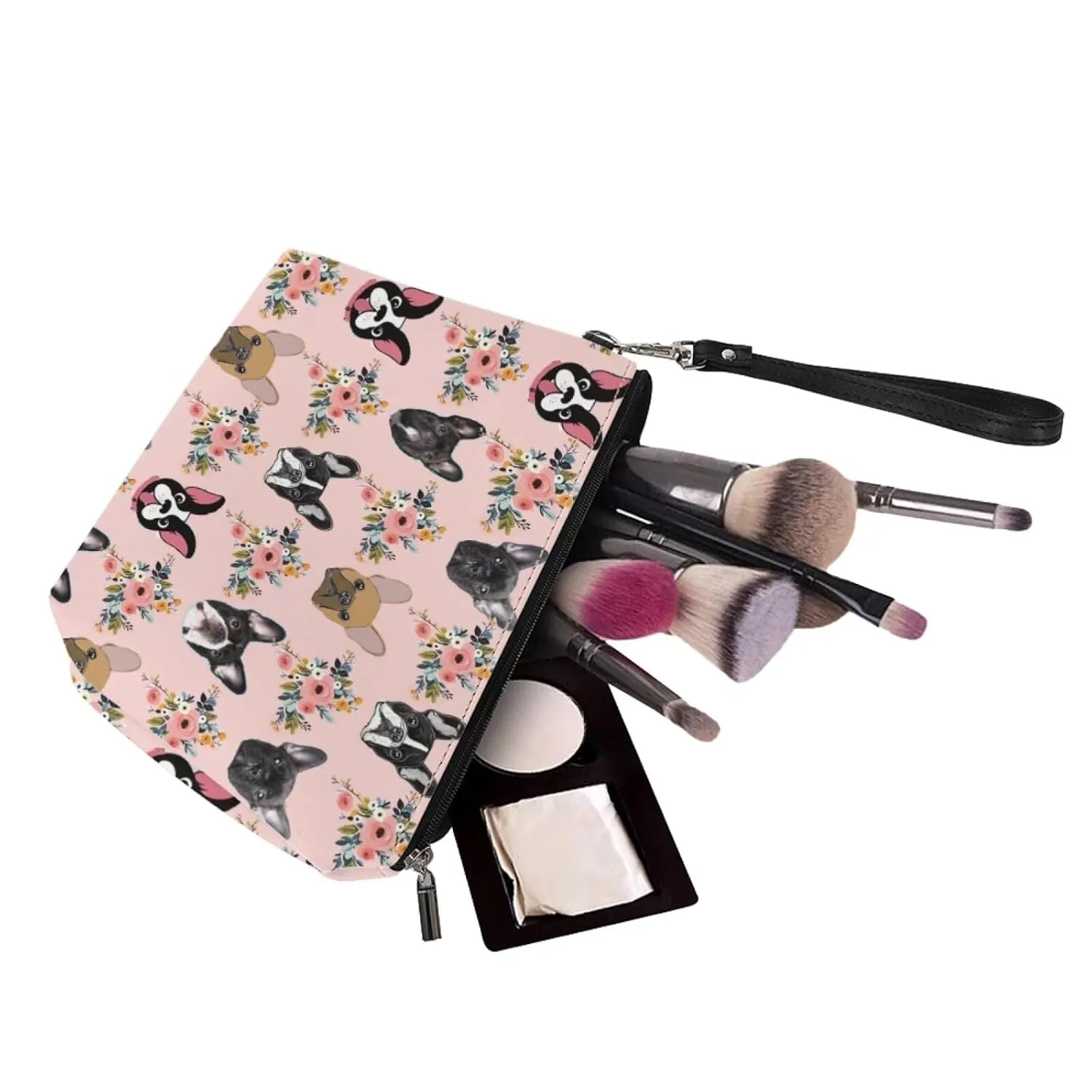 Mumeson Boston Bulldog and Flower Print Women Leather Trapezoid Toiletry Bag,Pink