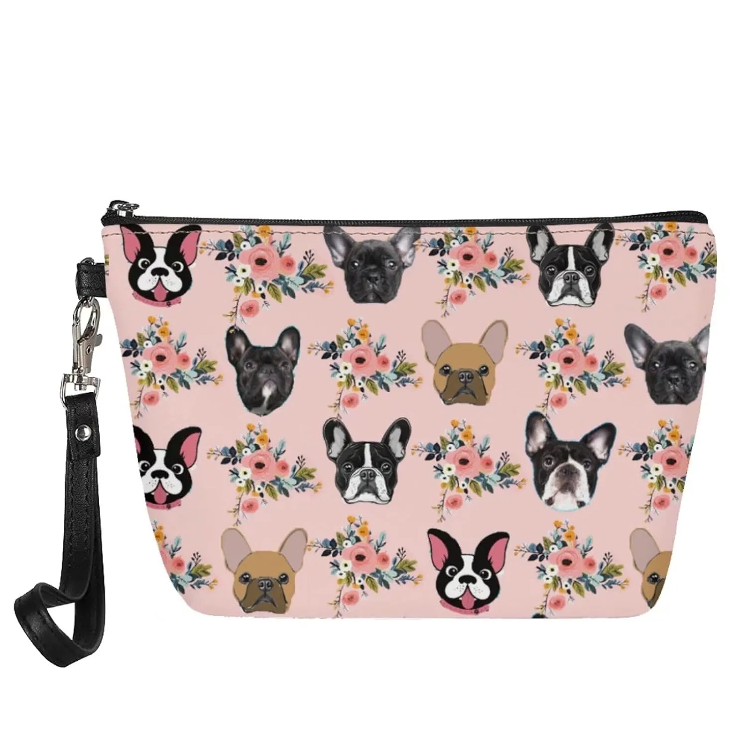Mumeson Boston Bulldog and Flower Print Women Leather Trapezoid Toiletry Bag,Pink