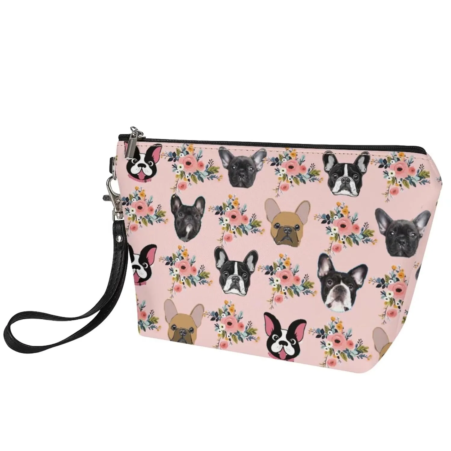 Mumeson Boston Bulldog and Flower Print Women Leather Trapezoid Toiletry Bag,Pink