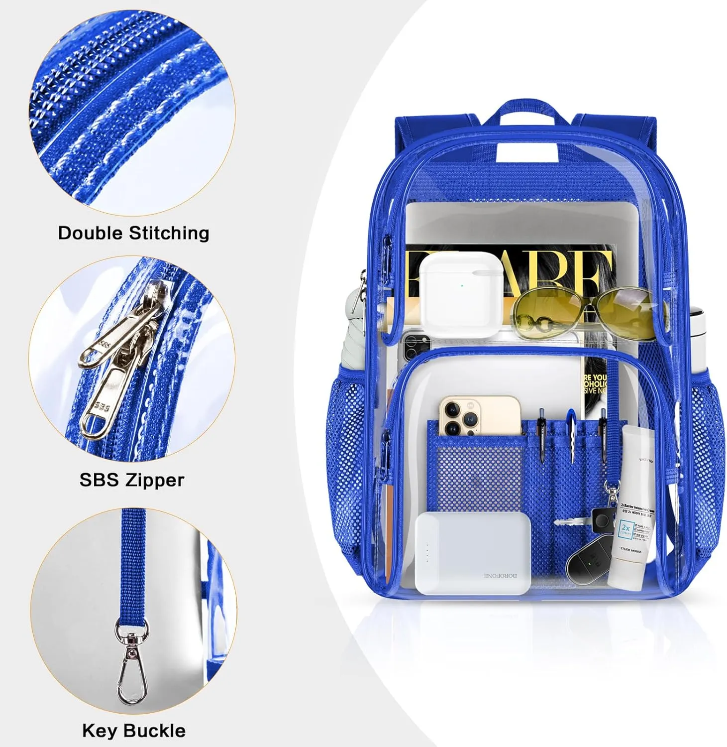 PAMANO Clear Backpack Heavy Duty Transparent See Through Bag for College Work Travel Security,Blue