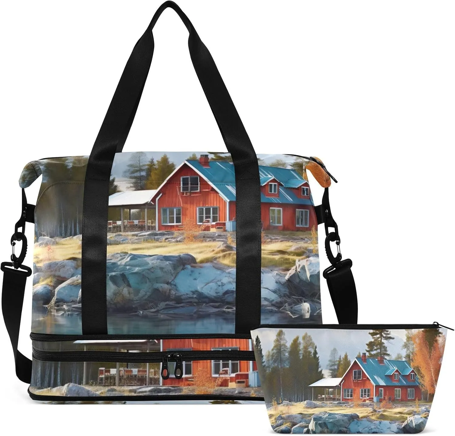 Red Lakeside Cabin Gym Bag for Women & Men,Duffel Bag with Shoe Pocket,Weekender Overnight Bag with Trolley Sleeve for Travel 21216302