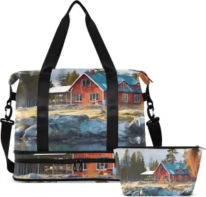 Red Lakeside Cabin Gym Bag for Women & Men,Duffel Bag with Shoe Pocket,Weekender Overnight Bag with Trolley Sleeve for Travel 21216302