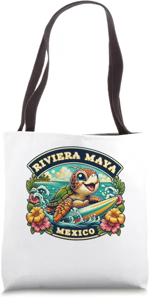 Riviera Maya Mexico Cute Sea Turtle Surfing Tote Bag
