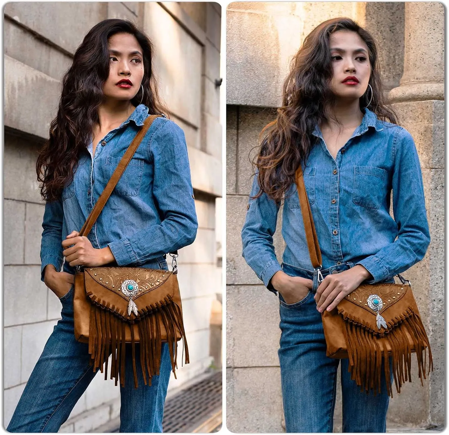 Small Crossbody Bags for Women Crossbody Handbag Fringe Purse Tassel Shoulder Bag Turquoise Concho Wallet