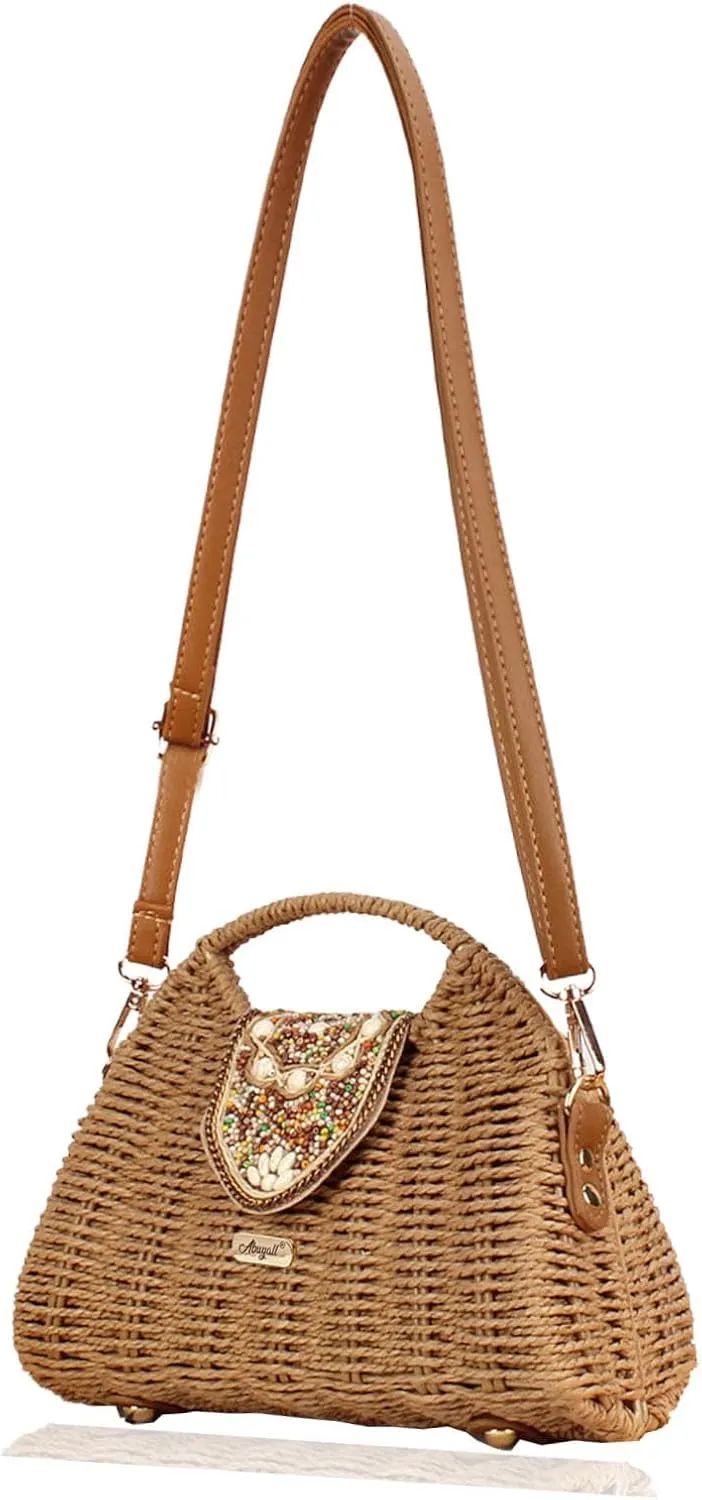 Straw Handbags for Women Vintage Purse Summer Beach Vacation Rattan Woven Travel Purse