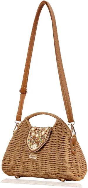 Straw Handbags for Women Vintage Purse Summer Beach Vacation Rattan Woven Travel Purse