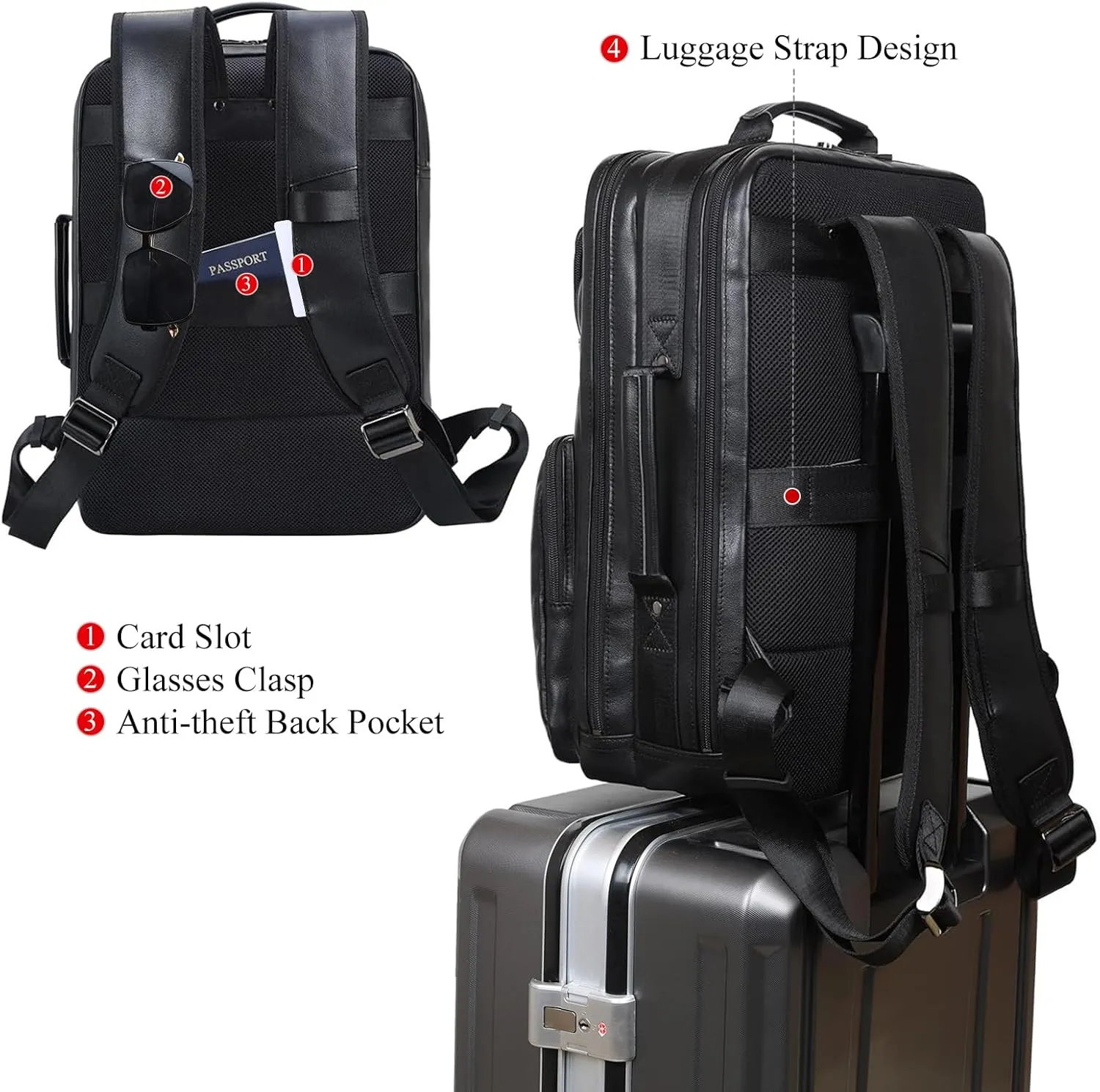 TIDING 17.3" Genuine Leather Laptop Backpack for Men Multi Pockets Casual Daypack Business Travel Rucksack, Black