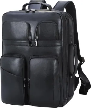 TIDING 17.3" Genuine Leather Laptop Backpack for Men Multi Pockets Casual Daypack Business Travel Rucksack, Black