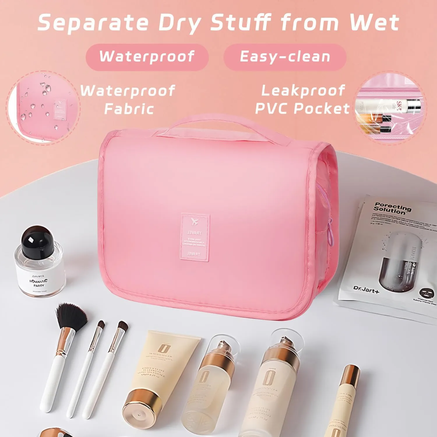Toiletry Bag Travel Bag with Hanging Hook, Waterproof Capacity Hanging Multifunctional Makeup Bag for Toiletries, Portable Cosmetic Bag Travel Organizer for Women and Men(Pink)