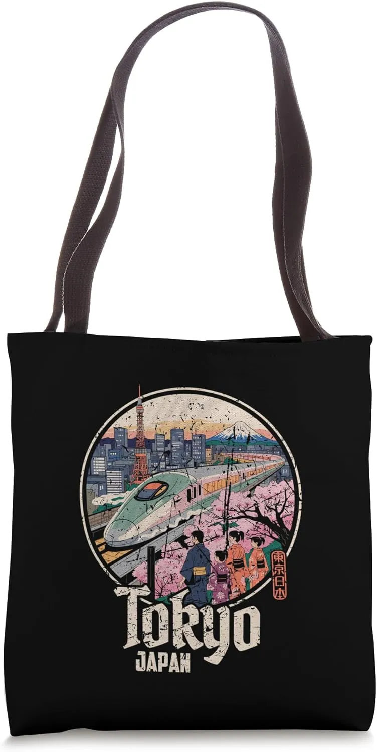 Tokyo Japan Shinkansen Sakura Mount Fuji Kanji Souvenir Tote Bag