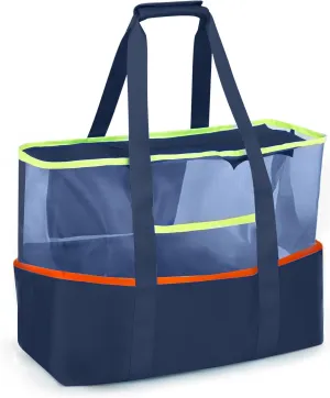 Tote Beach Bag with Zipper, Large Foldable Mesh Travel Bag for Women, Waterproof Sandproof Cruise Utility Work Vacation