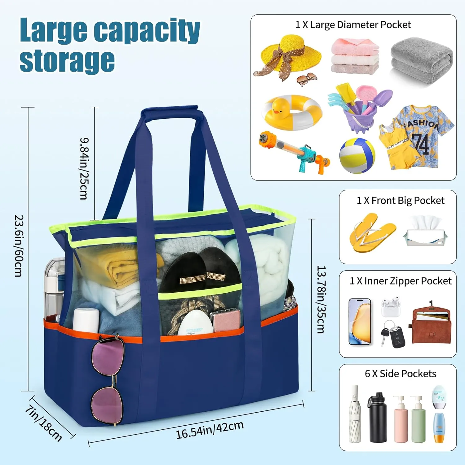 Tote Beach Bag with Zipper, Large Foldable Mesh Travel Bag for Women, Waterproof Sandproof Cruise Utility Work Vacation