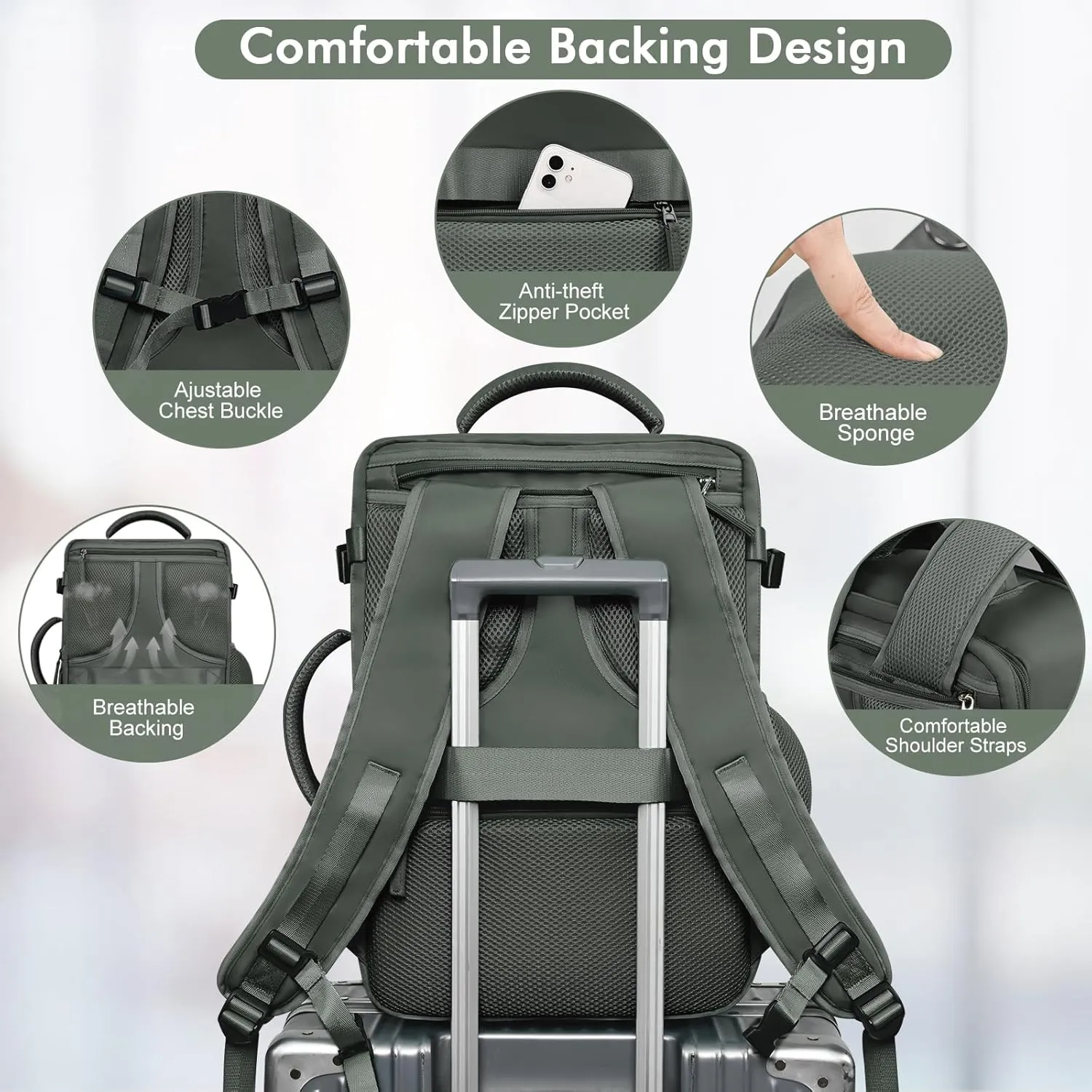 Travel Laptop Backpack Carry On Backpack for Men Women Flight Approved College School Computer Bag for Business Hiking Personal Item Backpack Fits 17.3 Inch Notebook Olive-green