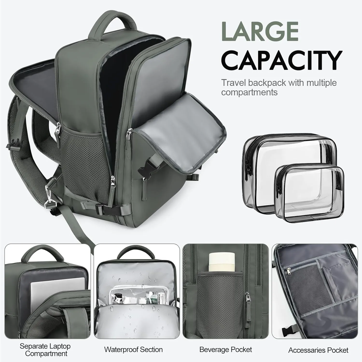 Travel Laptop Backpack Carry On Backpack for Men Women Flight Approved College School Computer Bag for Business Hiking Personal Item Backpack Fits 17.3 Inch Notebook Olive-green