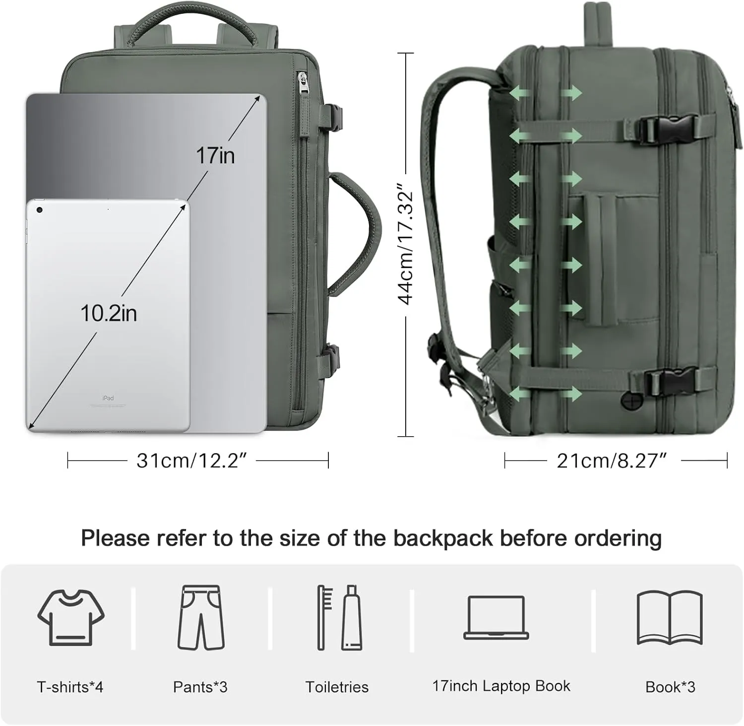 Travel Laptop Backpack Carry On Backpack for Men Women Flight Approved College School Computer Bag for Business Hiking Personal Item Backpack Fits 17.3 Inch Notebook Olive-green
