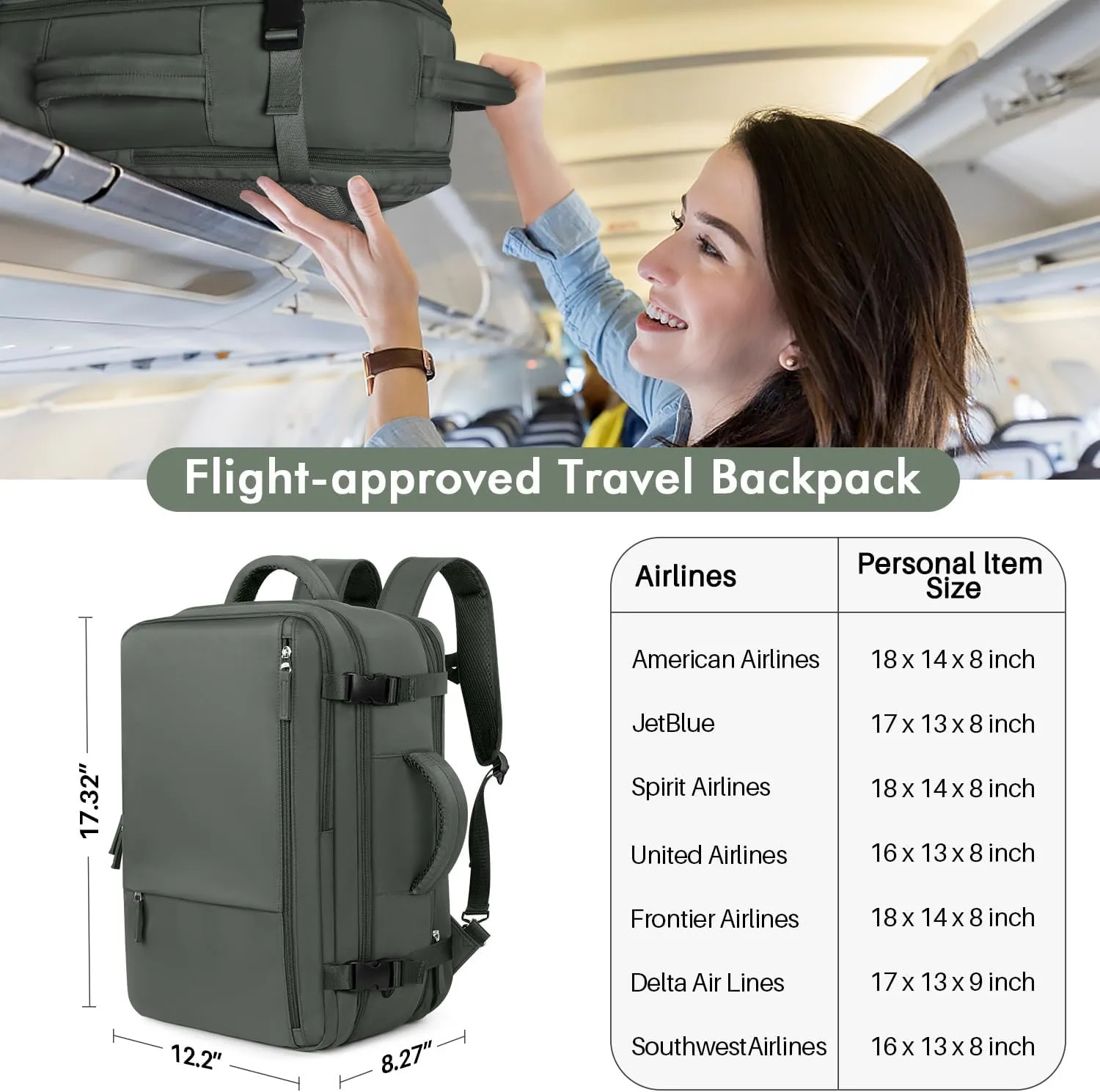 Travel Laptop Backpack Carry On Backpack for Men Women Flight Approved College School Computer Bag for Business Hiking Personal Item Backpack Fits 17.3 Inch Notebook Olive-green