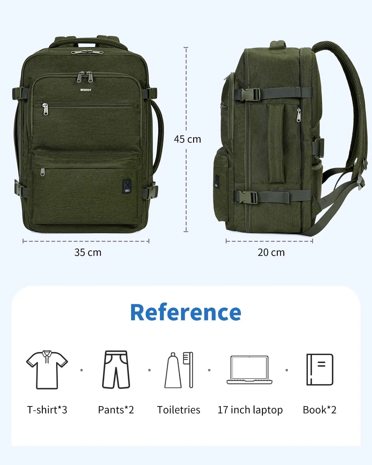 WANDF Travel Backpack For Spirit Airlines Personal Item Bag 18x14x8 with Wet Pocket, 17 Inch Laptop Backpack for Men WomenDark Green