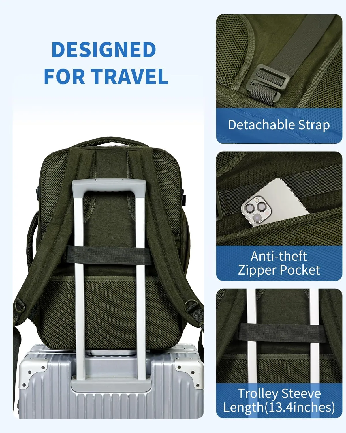 WANDF Travel Backpack For Spirit Airlines Personal Item Bag 18x14x8 with Wet Pocket, 17 Inch Laptop Backpack for Men WomenDark Green